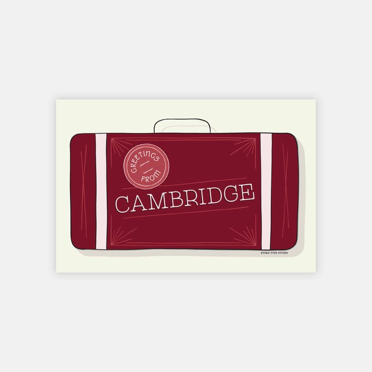 A postcard of a vintage style suitcase with the words “Greetings from Cambridge” drawn in unique lettering styles. Artwork has a red and white color scheme