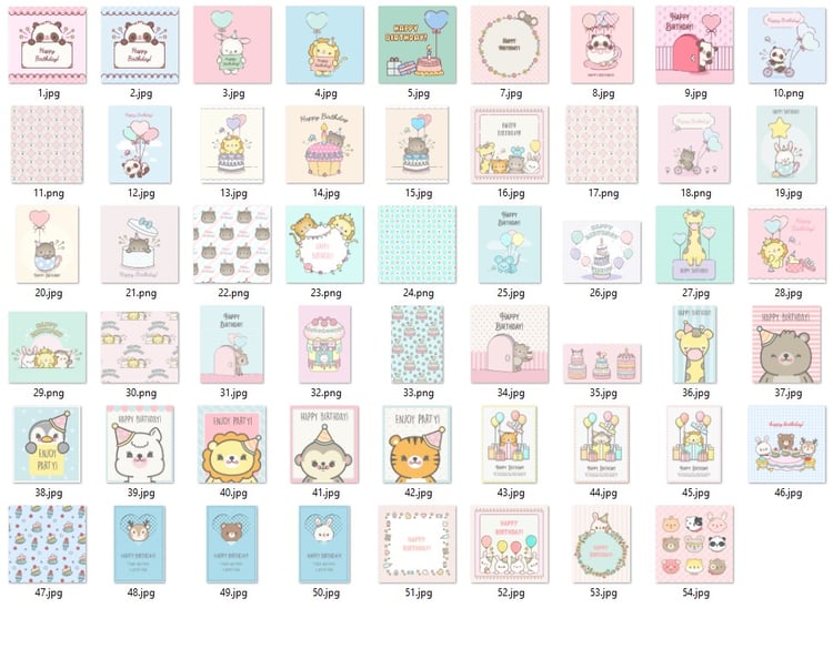 Customizable Cute Animal Birthday Card Bundle | AI PNG JPG with Split Elements | Kawaii Pastel Party Clipart | Printable Kids Decorations
