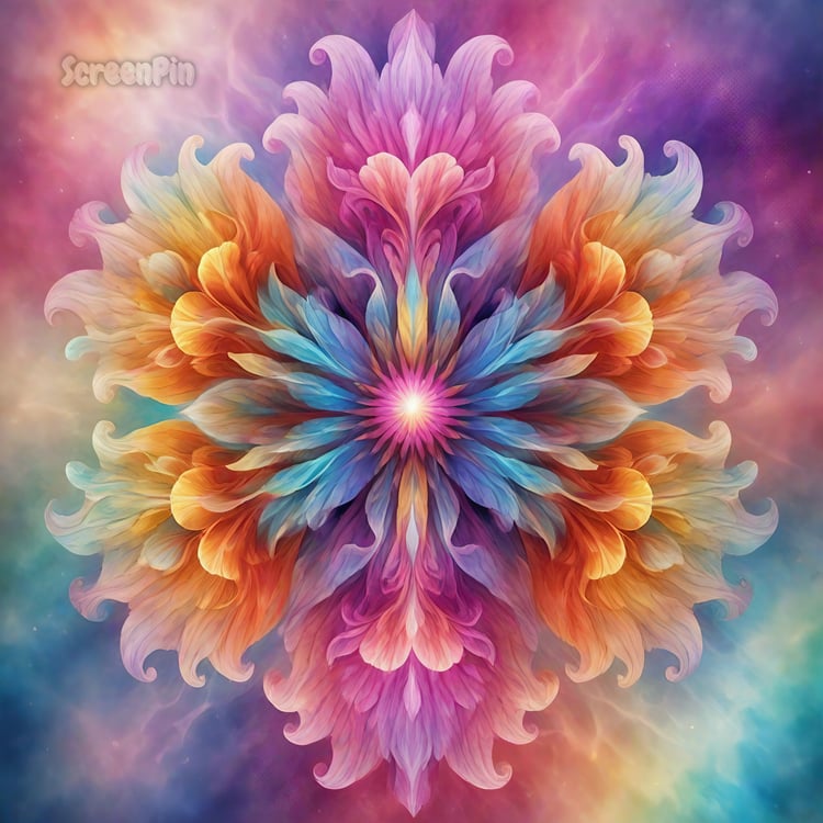 A vibrant digital mandala with multicolored smoky swirls, glowing against a soft dreamy background, featuring intricate symmetry and a surreal, ethereal atmosphere.