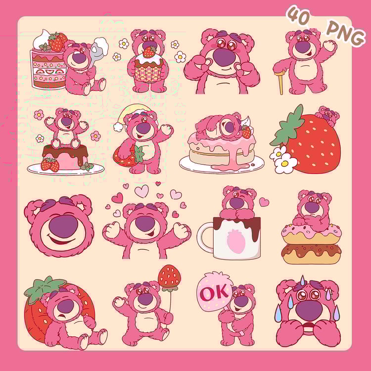 40 PNG Lotso Bear Strawberry Clipart Pack, Cute Pink Bear Digital Stickers, Kawaii Lotso Art, Dessert Clipart, Sublimation, Planner PNG