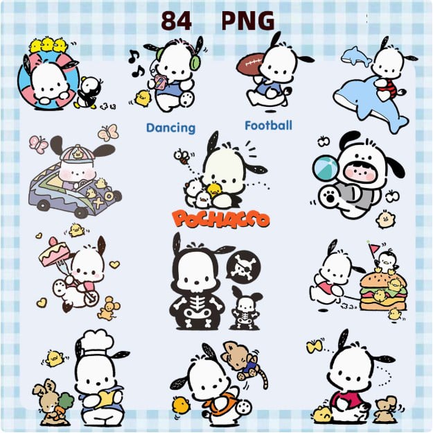 84 PNG Pochacco Cute Dog Stickers Bundle | Kawaii Puppy Clipart | Digital Download, Journal, Scrapbook, Planner, Sublimation