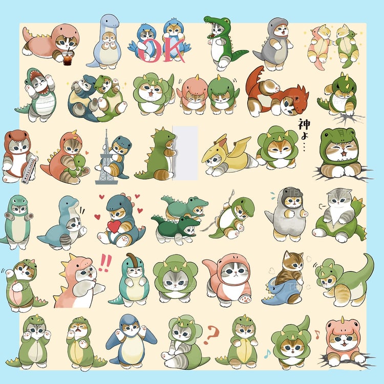 40 PNG Kaiju Nyan Cat Stickers | Cute Dinosaur Cat Clipart | Kawaii Kaiju Nyan PNG Bundle | Digital Download for Planner, Scrapbook