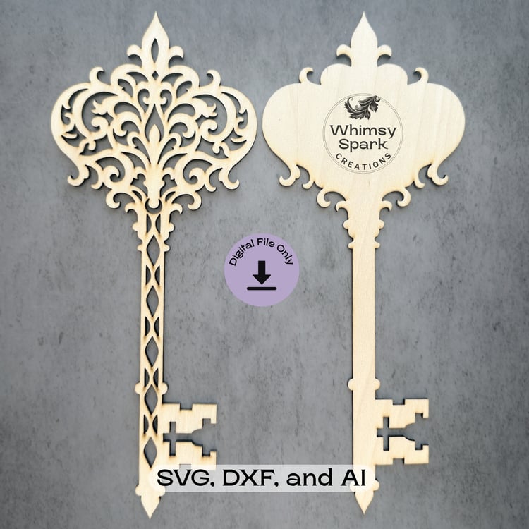 Two-layer laser cut skeleton key SVG in cream wood on gray background