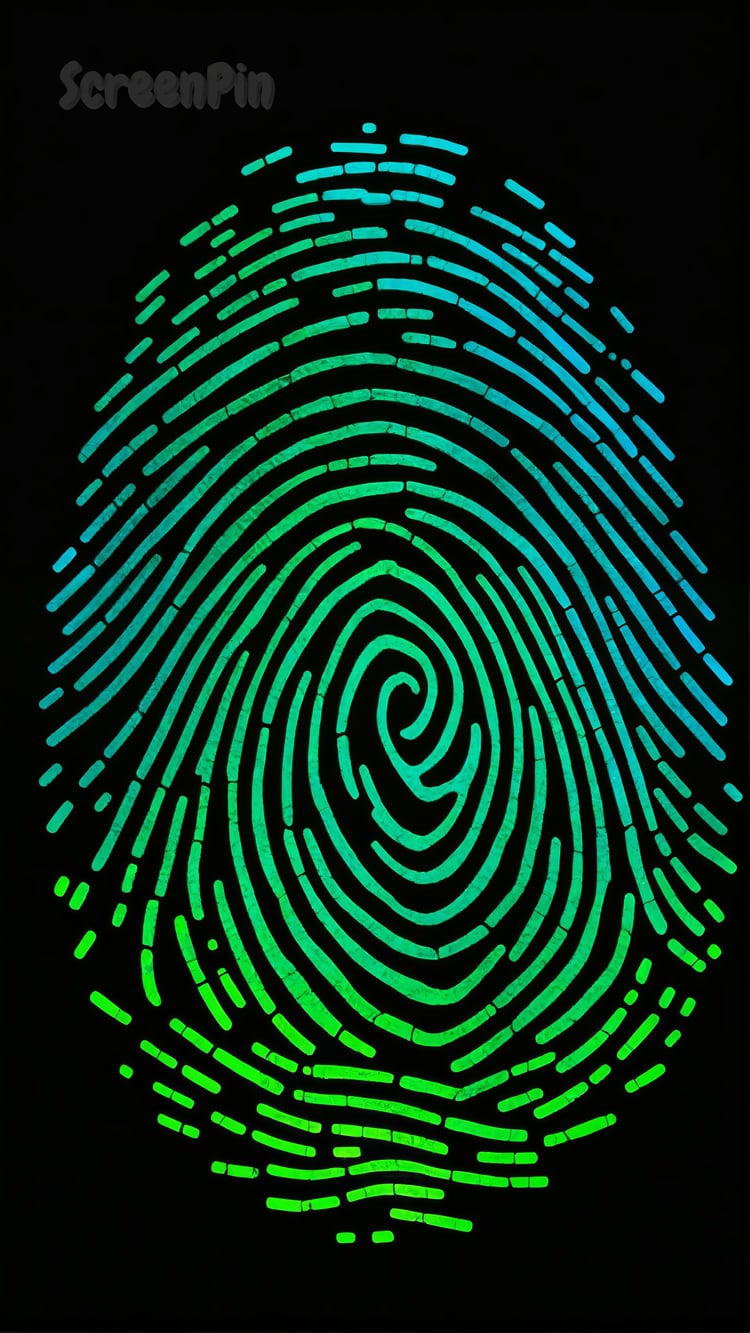 A close-up digital artwork of a fingerprint made of neon particles in green, turquoise, and electric blue, set against a black background with a glowing, high-tech, cyberpunk aesthetic.