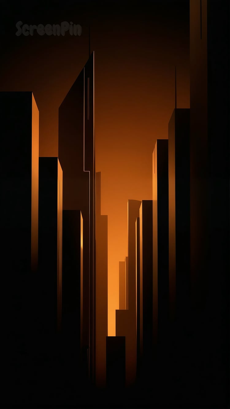 A vertical abstract digital artwork of a futuristic cityscape with sleek skyscrapers, sharp rectangular shapes, dark brown gradient lighting, deep shadows, and crisp reflections.