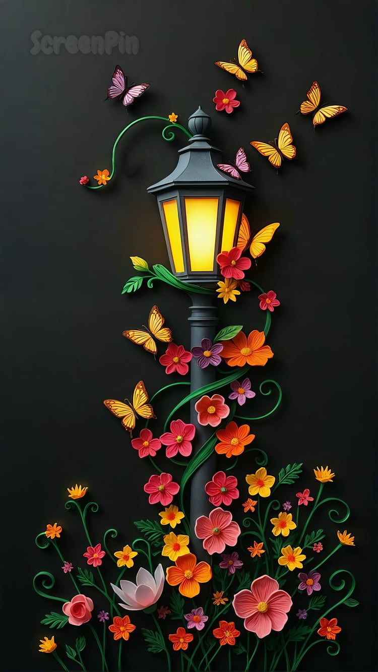 A whimsical digital artwork of a glowing vintage lantern wrapped in flowering vines with colorful blossoms and fluttering butterflies, set against a pitch-black background with a magical, fairy tale feel.