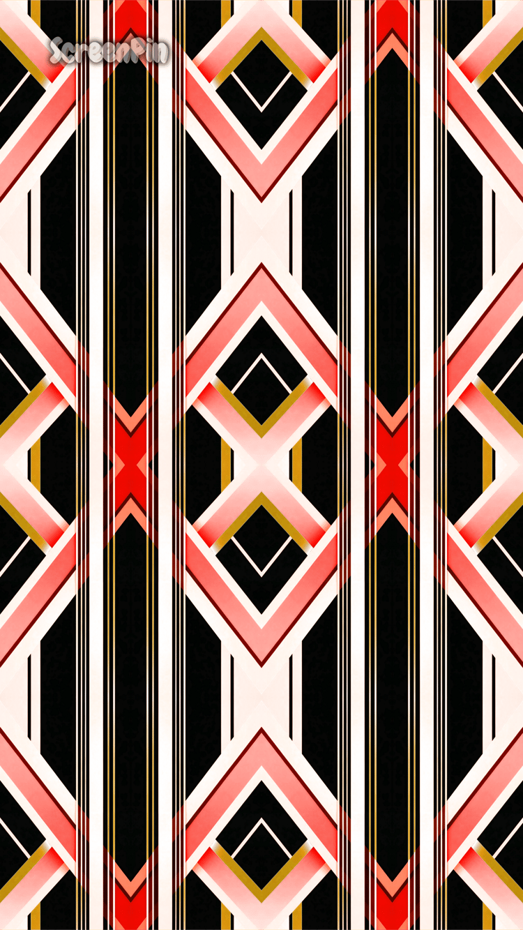 A seamless Art Deco-style geometric pattern in pink, white, and black, featuring symmetrical lines and repeating shapes with vintage elegance and modern contrast.