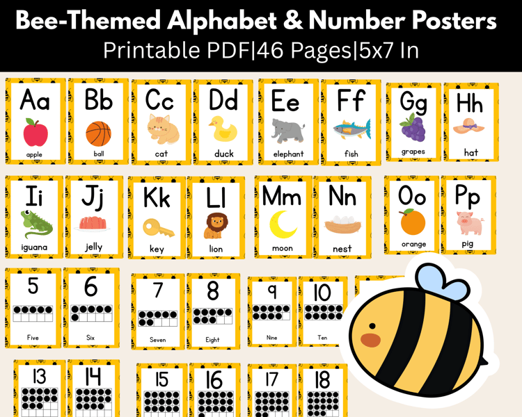 Bee Themed Alphabet and 10 Frame Numbers Posters