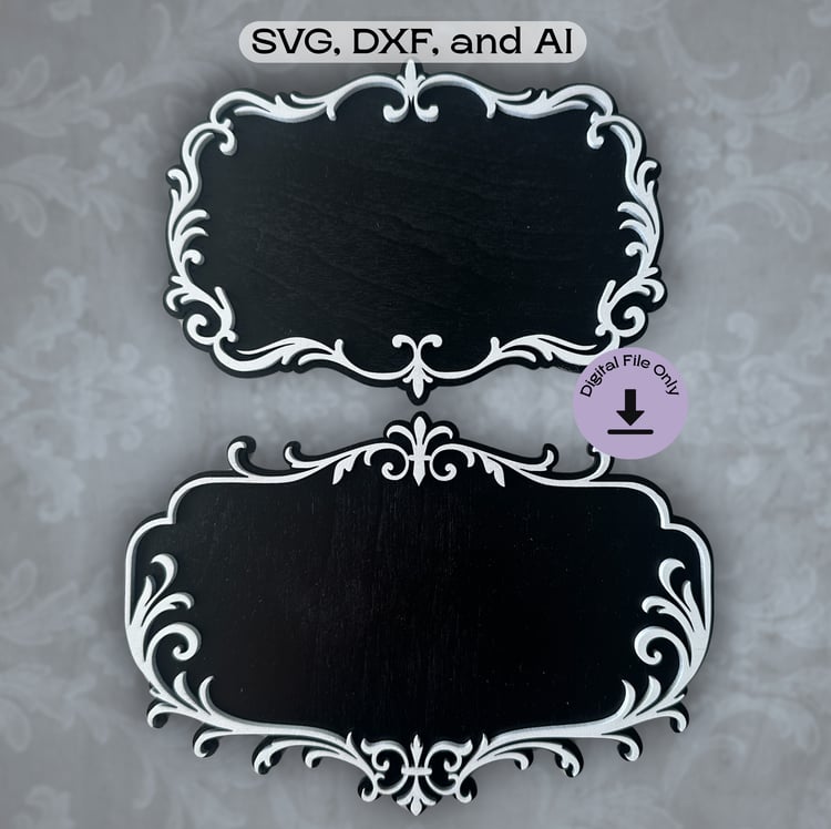 Set of black ornate baroque-style laser cut sign blanks with white filigree