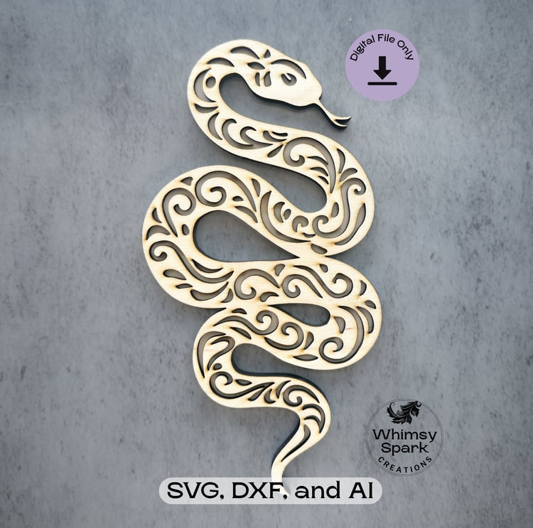 Layered snake laser cut SVG with baroque swirls in pale wood on dark background