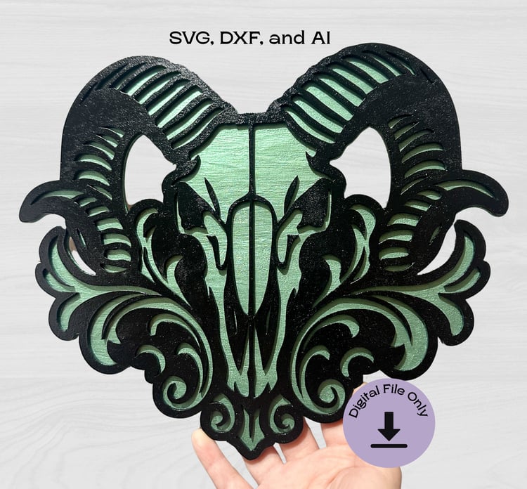 Layered ram skull laser cut design in black and green – gothic baroque style