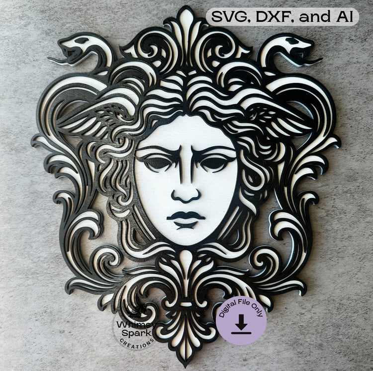 Layered Medusa SVG laser cut design in grayscale wood with baroque snake motif frame