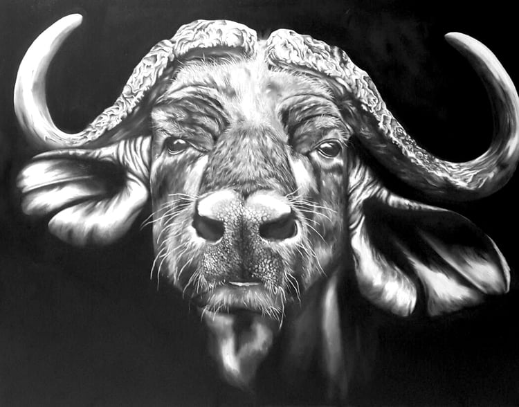 Buffalo art, oil painting, art, fine art, African art, black and white art