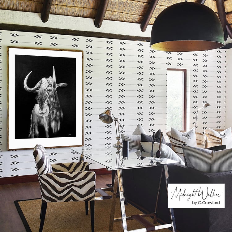 wildebeest, fine art, oil paintings, African art, black and white art