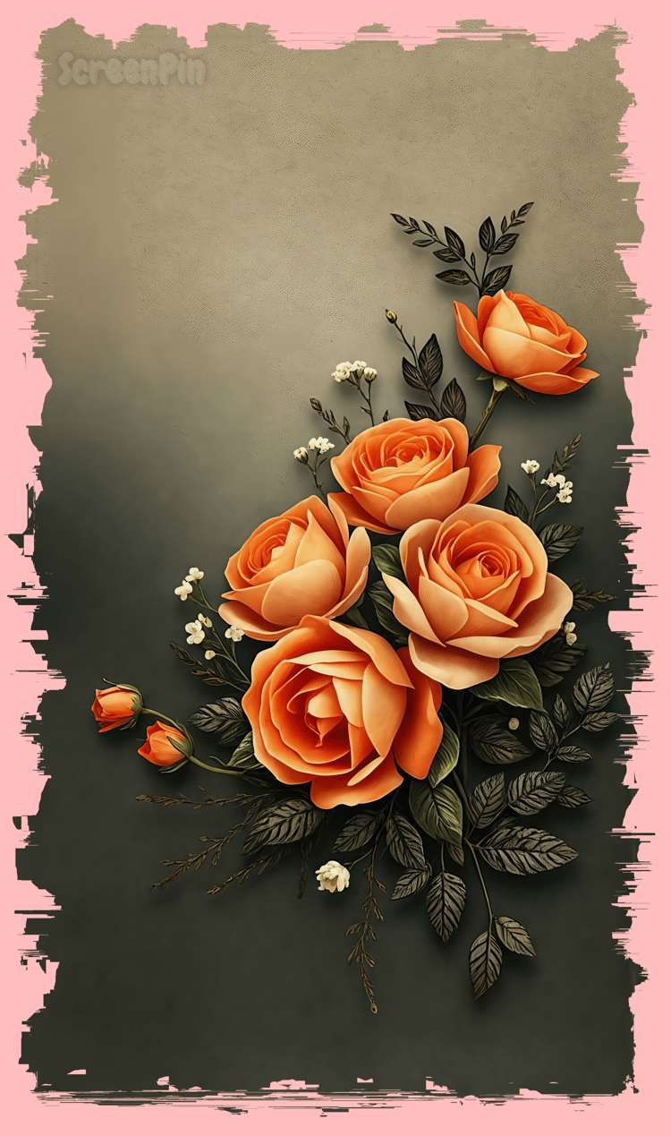 A digital composition of vibrant orange roses on a dark grey background with a soft pink frame, creating a romantic and modern floral contrast.