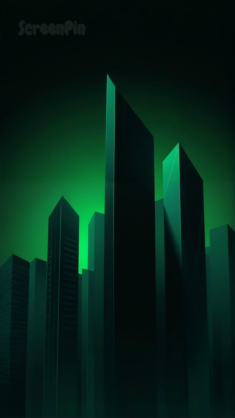 A digital artwork of a futuristic cityscape with tall, sleek skyscrapers in sharp rectangular shapes, lit by a green gradient, with deep shadows, crisp reflections, and a moody vertical composition.