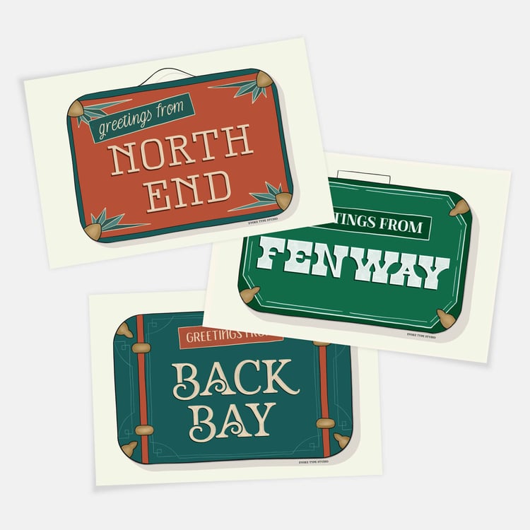 Three postcards, each placed on top of the other. All postcards feature vintage suitcase illustrations and are for the Boston, Massachusetts area.