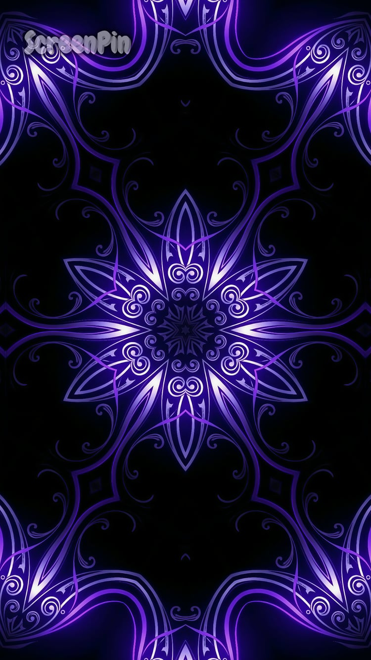 A seamless futuristic digital pattern with radiant amethyst hues on a black background, featuring geometric crystal-like shapes and glowing purple symmetry.