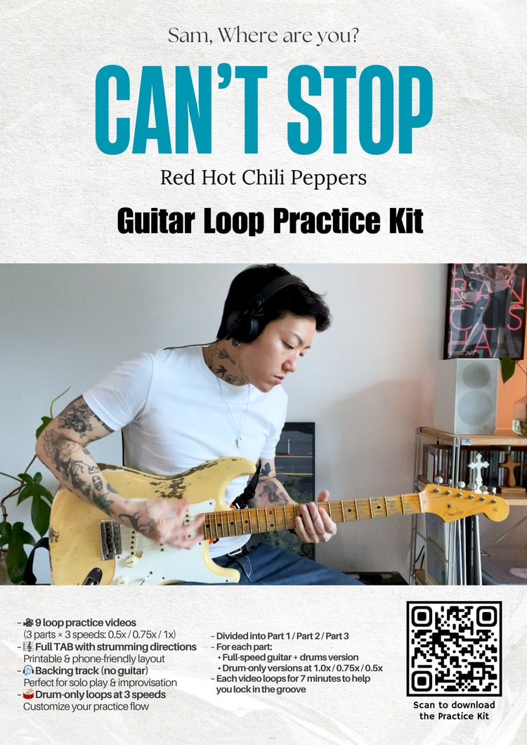 Cant Stop guitar practice kit poster showing loop videos, TABs, and backing tracks