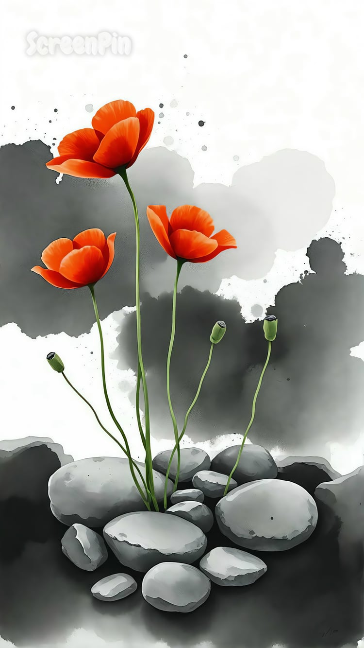 A minimalist digital artwork inspired by ink wash painting, with three red poppies growing among gray pebbles, set against soft black ink splashes on a white background in a serene, Zen-like style.