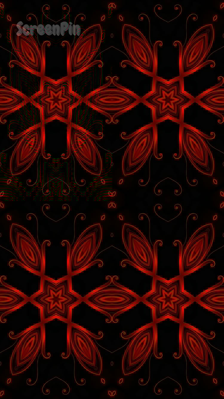 A seamless digital pattern of glowing red futuristic ornaments on a black background, featuring symmetrical, circuit-inspired geometry and high-contrast design.