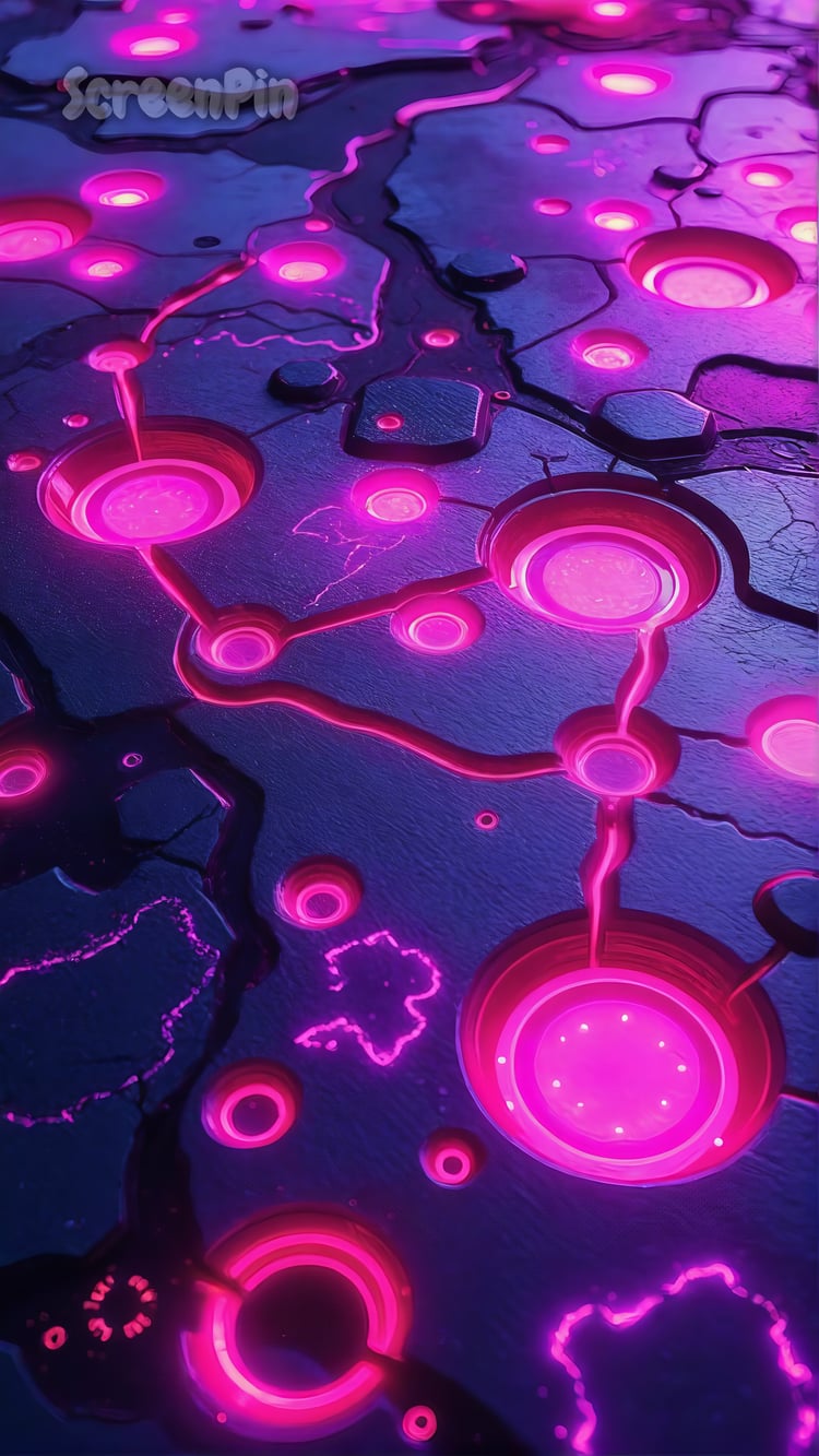 A surreal sci-fi digital landscape with glossy ruby-colored craters under a dramatic alien sky, featuring reflective textures and otherworldly terrain.