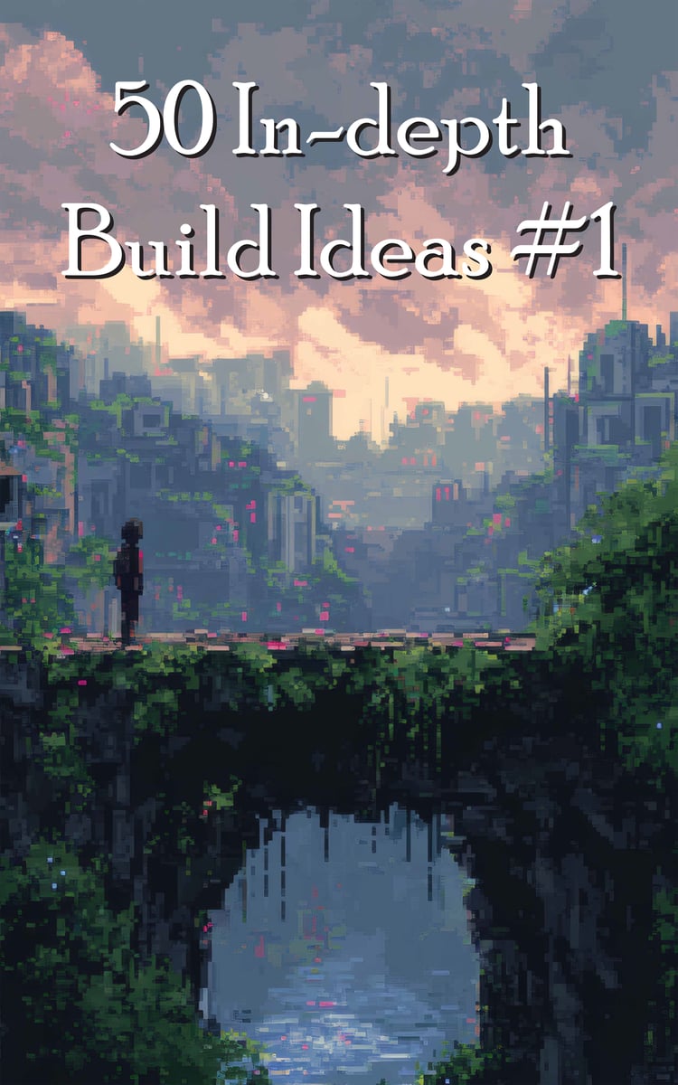 eBook cover titled "50 In-depth Build Ideas #1", cover is of a person standing in the foreground on a bridge, looking at a vast, overgrown city in the distance