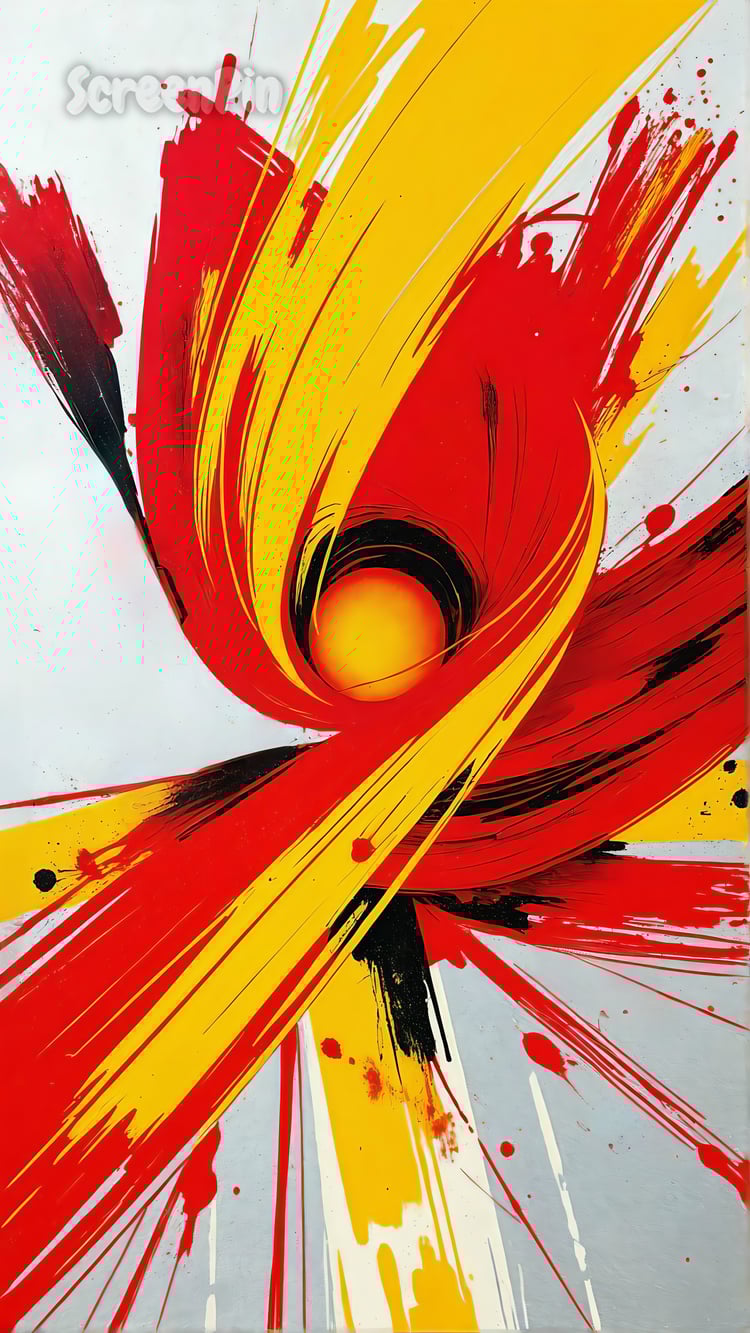 A digital abstract artwork of a red and yellow vortex on a white background, with swirling motion and radiant energy resembling a fiery spiral.