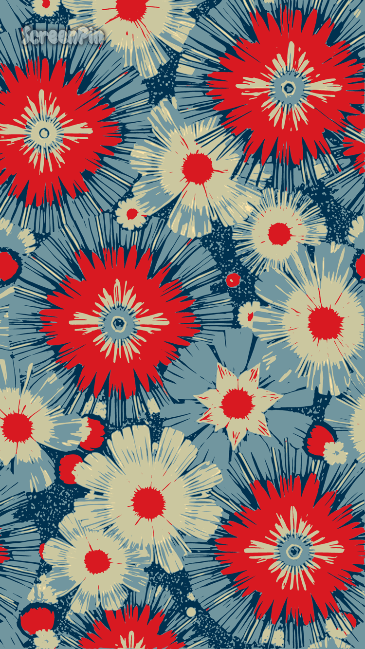 An abstract pattern of a red and blue floral explosion with radiating petal-like shapes and dynamic motion, blending organic and digital styles.