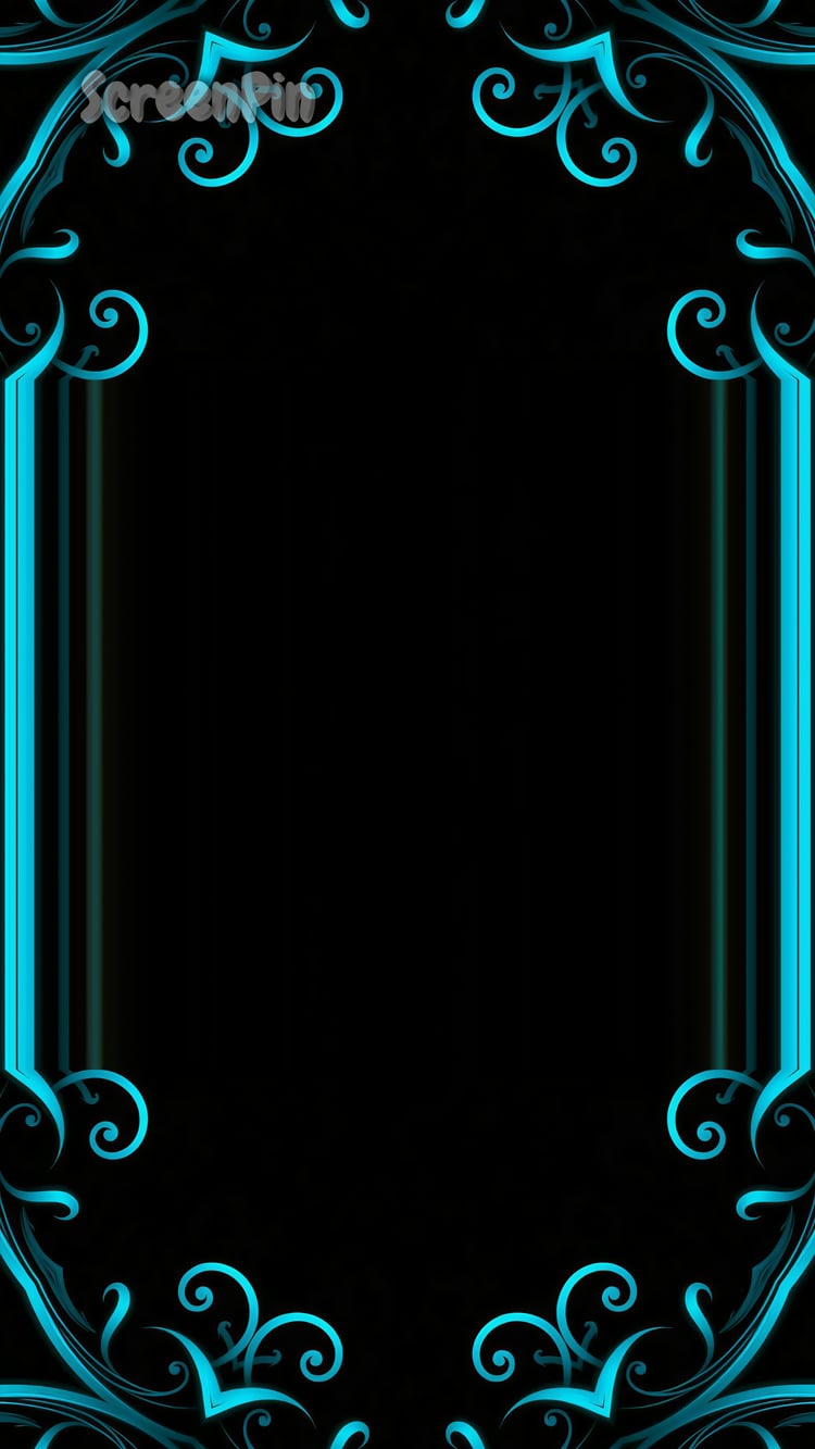 An elegant digital frame with luminous azure curls and ornamental swirls on a black background, blending classical decoration with a modern glow.