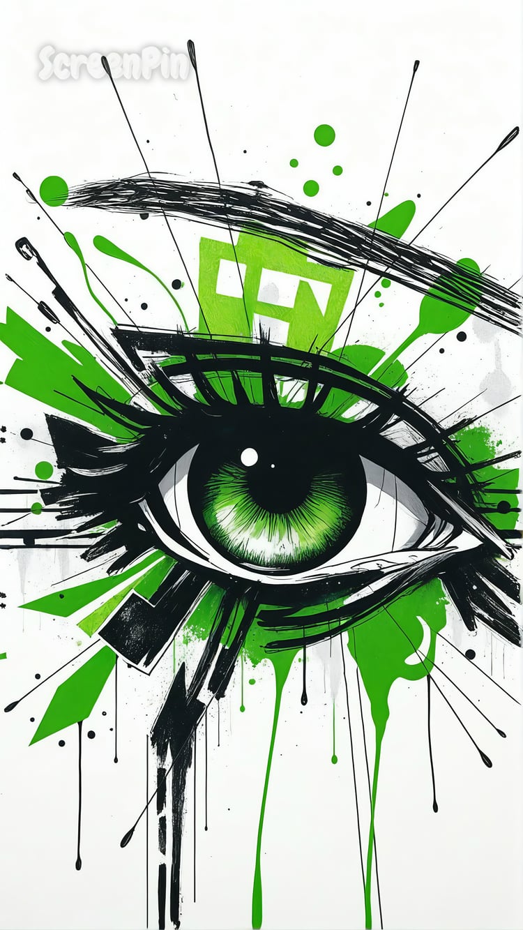 A close-up abstract painting of a human eye with realistic detail, expressive brushstrokes, and green splashes across a black and white geometric, street-art-inspired background.