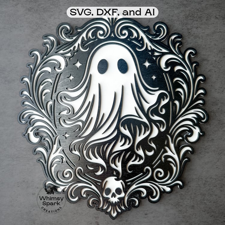 Layered baroque ghost SVG laser-cut design—ornate scroll frame, skull accent, black-white contrast mock-up on stone backdrop