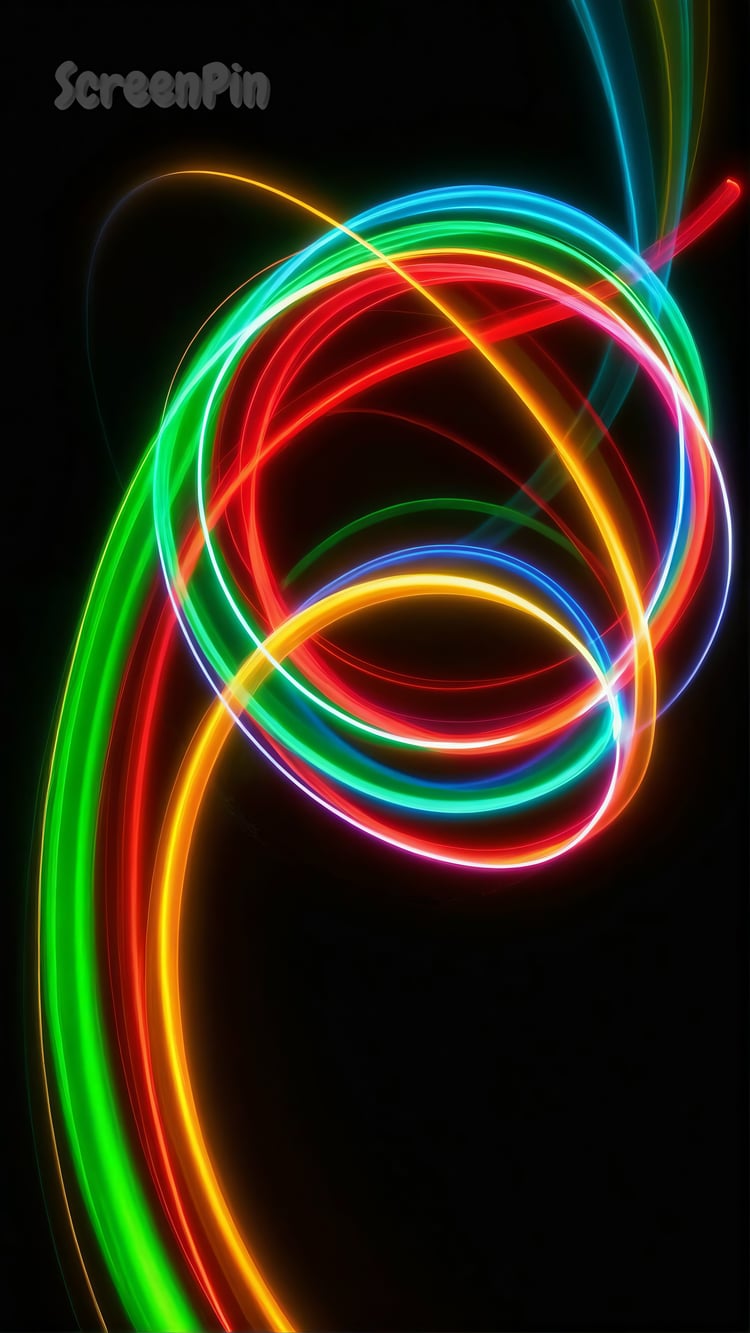 Long-exposure abstract light painting with dynamic neon trails in red, green, blue, yellow, and orange, forming elegant spirals and curves on a black background with a glowing, futuristic aesthetic.