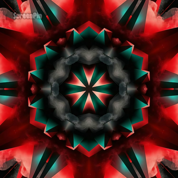 A red smoky mandala with sharp geometric shapes and swirling haze, blending symmetrical structure with a fiery, mystical atmosphere in digital abstract style.