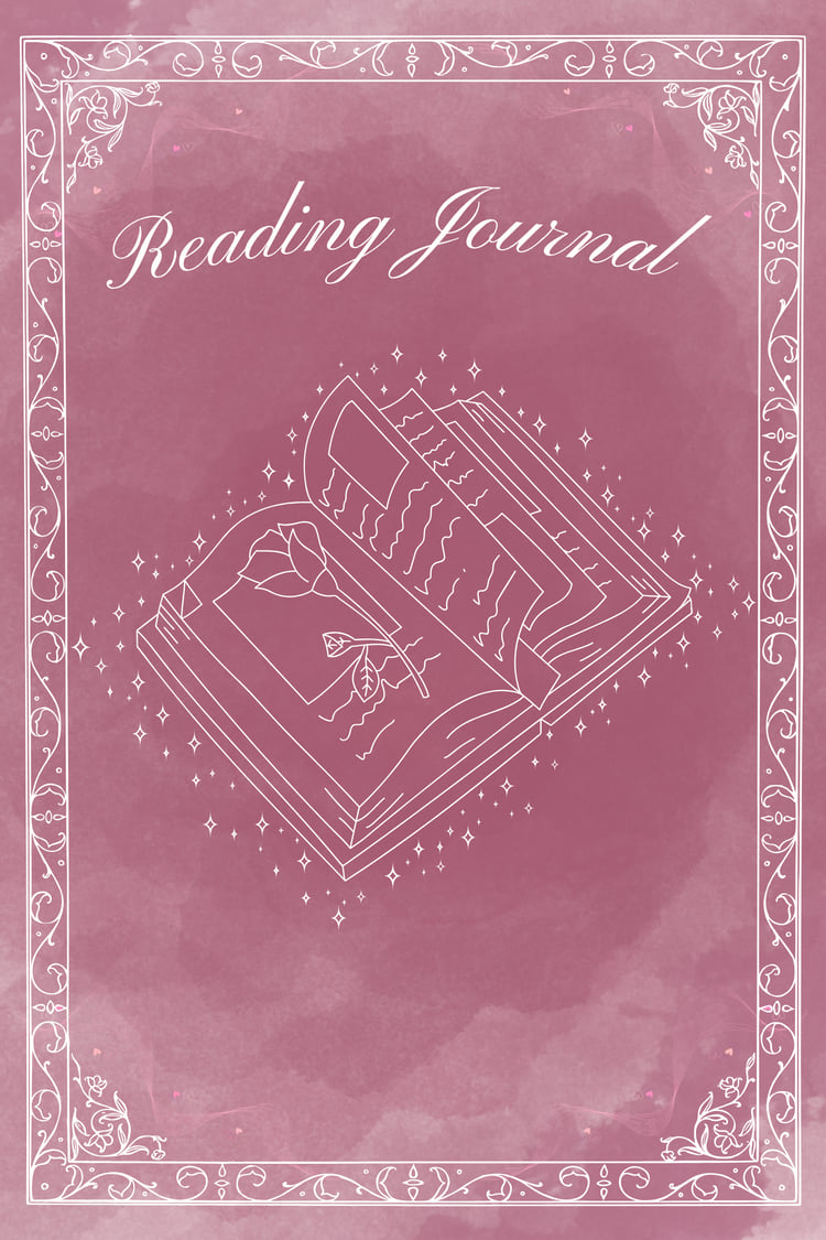 Vivid pink aesthetic background with an open book in the center, small scattered stars, and the text ‘Reading Journal’ written across the page