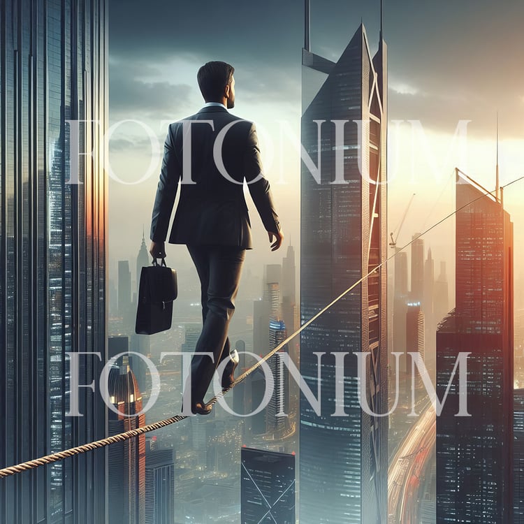 This striking visual symbolizes corporate risk, balance, leadership pressure, and high-stakes decision-making—ideal for use in business presentations, finance themes, motivational content, and editorial illustrations.