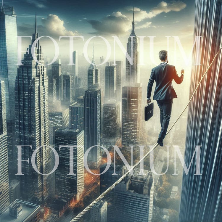 An AI-generated illustration of a businessman in formal attire walking on a tightrope high above a city skyline. This striking visual symbolizes corporate risk, balance, leadership pressure
