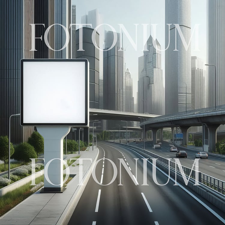 A set of AI-generated mockups featuring billboard, hoarding, and mupi (urban advertising stand) displays in various realistic urban settings.