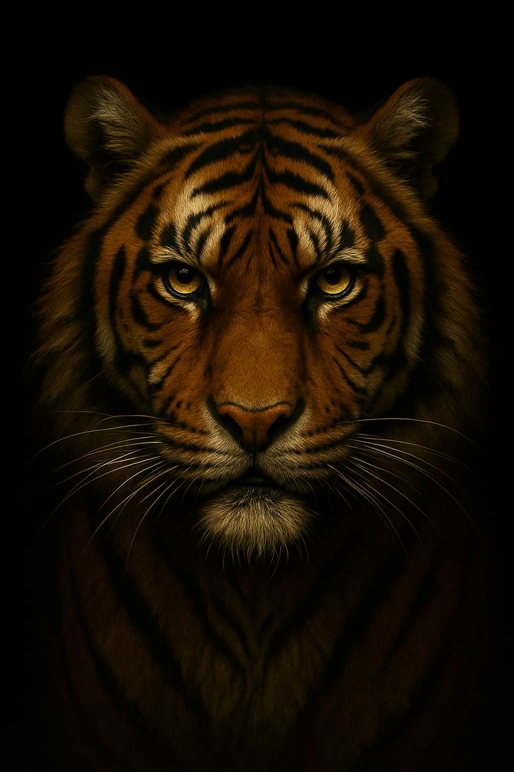 tiger face art, fierce tiger print, wildlife artwork, tiger wall decor, animal poster, big cat illustration, majestic tiger, photorealistic tiger, jungle predator art, black background tiger, bold animal art, tiger stare artwork, powerful tiger canvas, ti