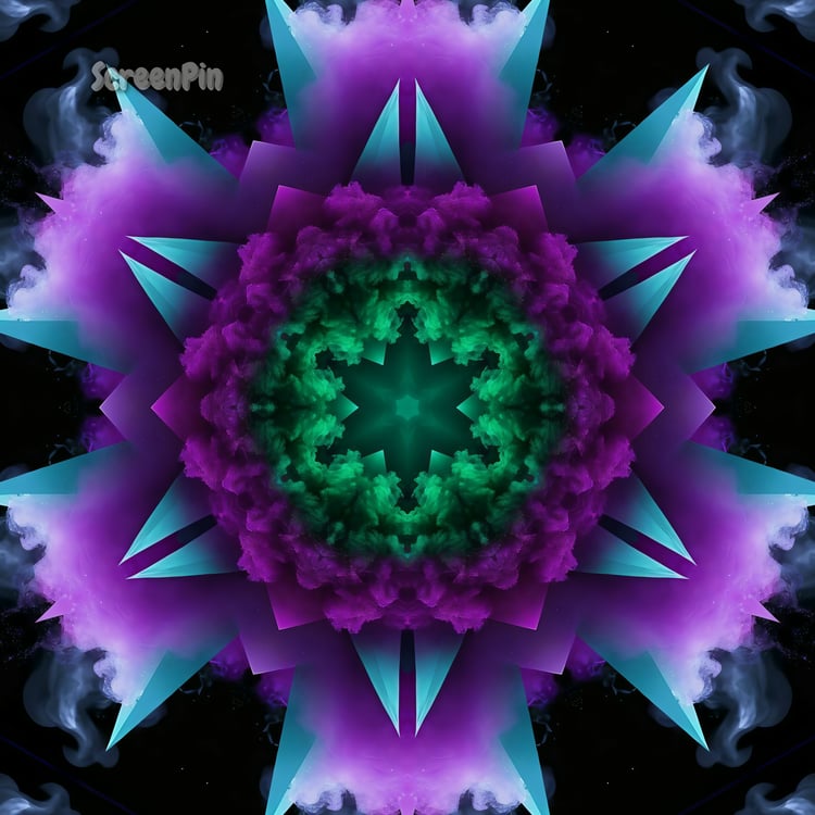 A digital mandala in purple and green with sharp geometric lines and smoky textures, radiating symmetry and mysticism on a dark background.
