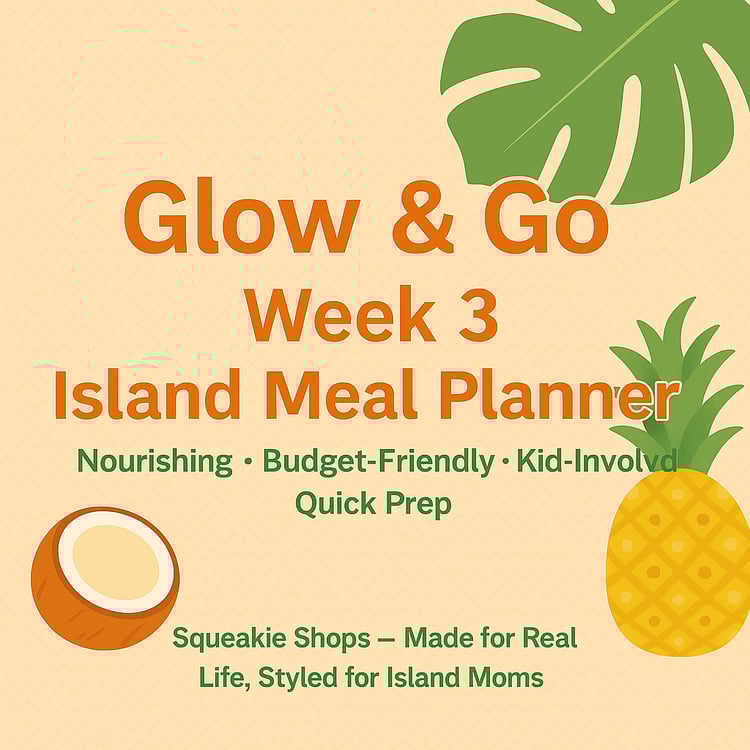 Alt tag 1: Glow & Go Week 3 planner cover with woven rattan texture and palm leaf accents in mango gold and coral blush tones.  Alt tag 2: Printable 7-day meal grid featuring Caribbean-inspired recipes, vegan swaps, and kid-helper tasks.  Alt tag 3: Notes