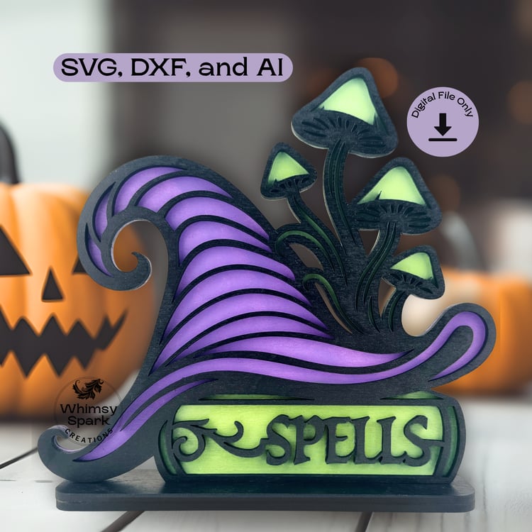 Witch Hat Halloween shelf sitter in black purple and green with Halloween holiday background