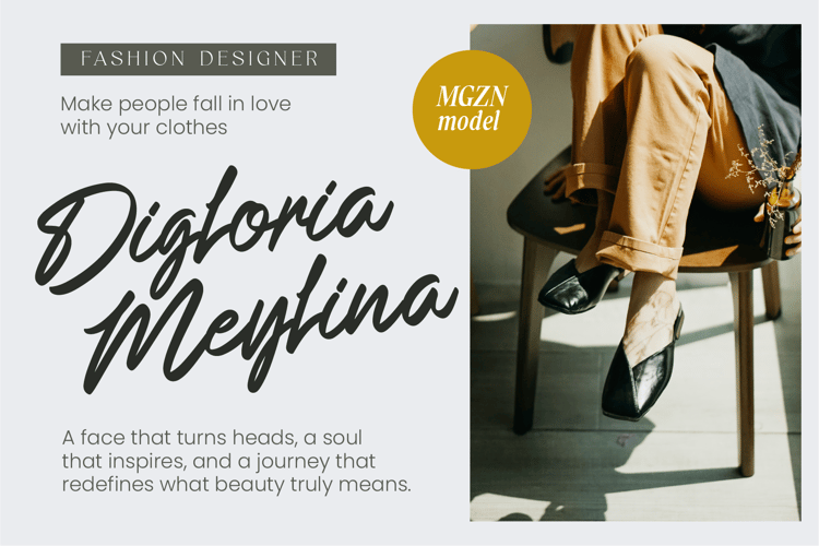 Creative display of Digloria Meylina using Baglietta font, showcasing elegant fashion branding with modern script typography.