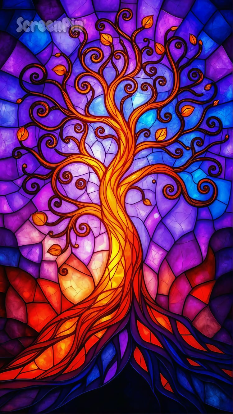 A magical digital illustration of the Tree of Life glowing against a colorful cosmic mosaic background filled with stars, tiles, and galactic textures, symbolizing harmony and spiritual connection.