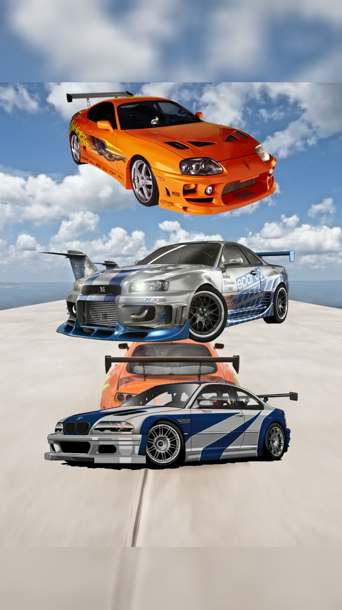 Toyota Supra, Nissan GTR, and BMW M4 racing side-by-side in Forza Horizon 5 during jump, brake, and extreme performance tests.