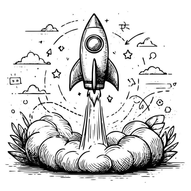 An AI-generated sketch-style vector illustration of a rocket launching upward, symbolizing innovation, ambition, and the energetic beginning of a startup journey.