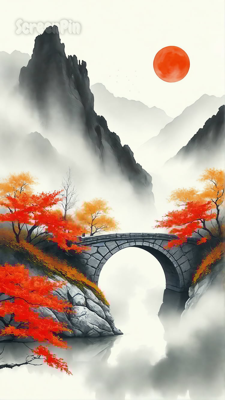 A digital painting in traditional Chinese ink wash style showing a lone figure on a stone bridge surrounded by autumn trees, misty mountains, and a red sun in a minimal, serene landscape.