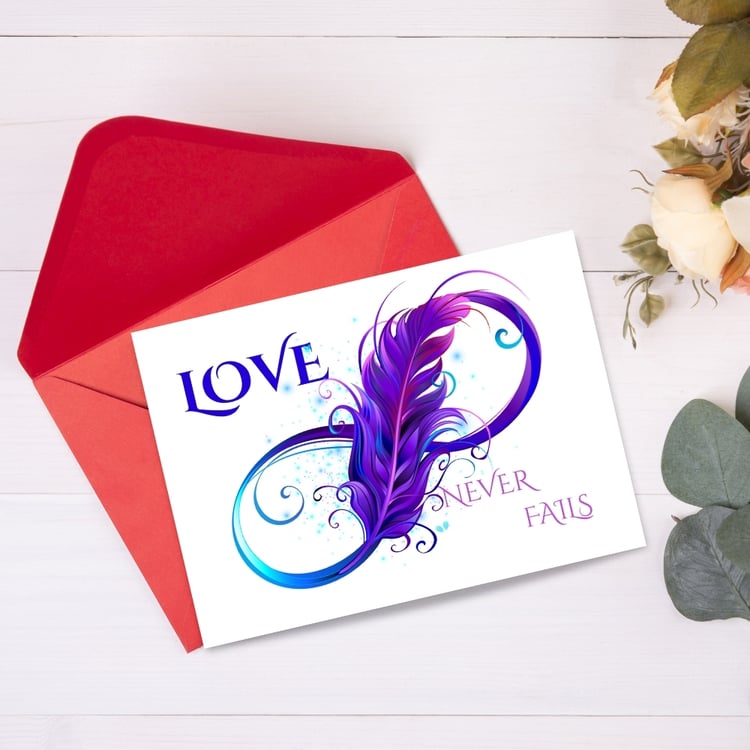 4 Cards 'Love Never Fails' 1 Cor 13:8 - Infinity Design