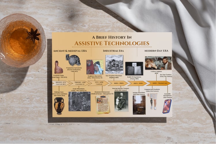 a yellow colored poster that demonstrates assistive technology throughout history; sold as a digital product