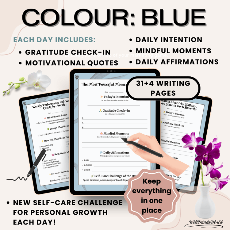 the 7-Minute Daily Digital Printable Journal in Blue colour